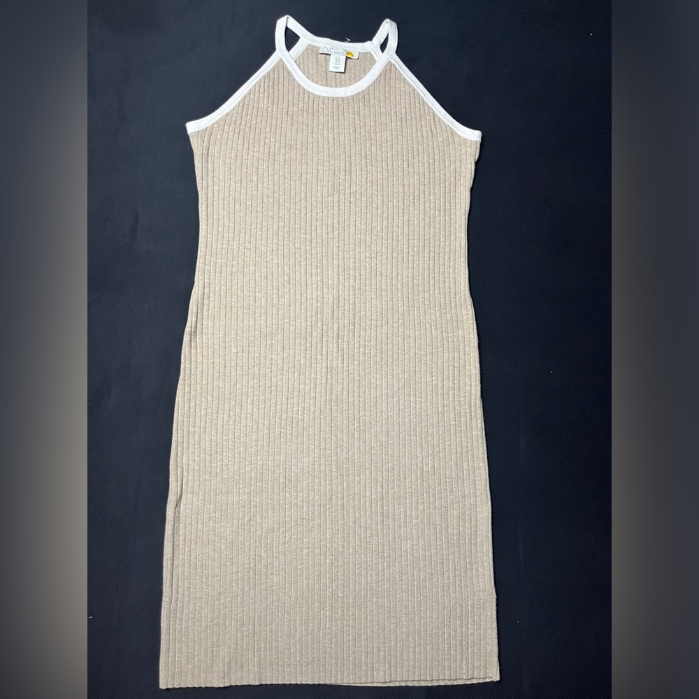 C&C California Beige Ribbed Midi Dress with White Trim